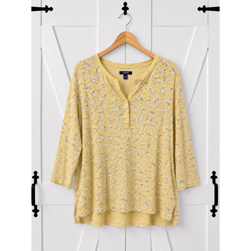 Chaps Henley Top Women XXL Yellow Cottage Floral Ribbed 3/4 Sleeve Cotton